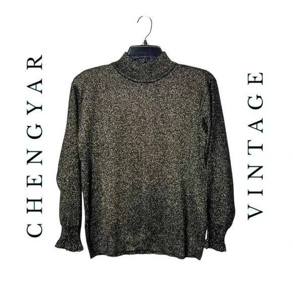 1655. VINTAGE CHENGYAR LONG SLEEVE‎ TOP KNITTED MOCK NECK SHOULDER PADS METALLIC - Picture 1 of 9